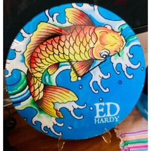 Vintage 90s Ed Hardy Clock Round Glass Koi Fish  Table Top Mantle Clock w Stand*